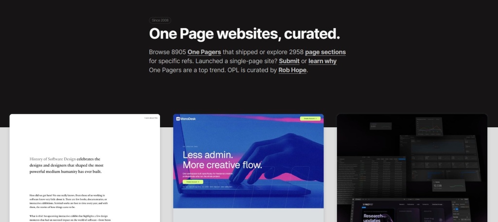 Главная страница ресурса one page love с подборкой лучших одностраничных сайтов для дизайнеров.