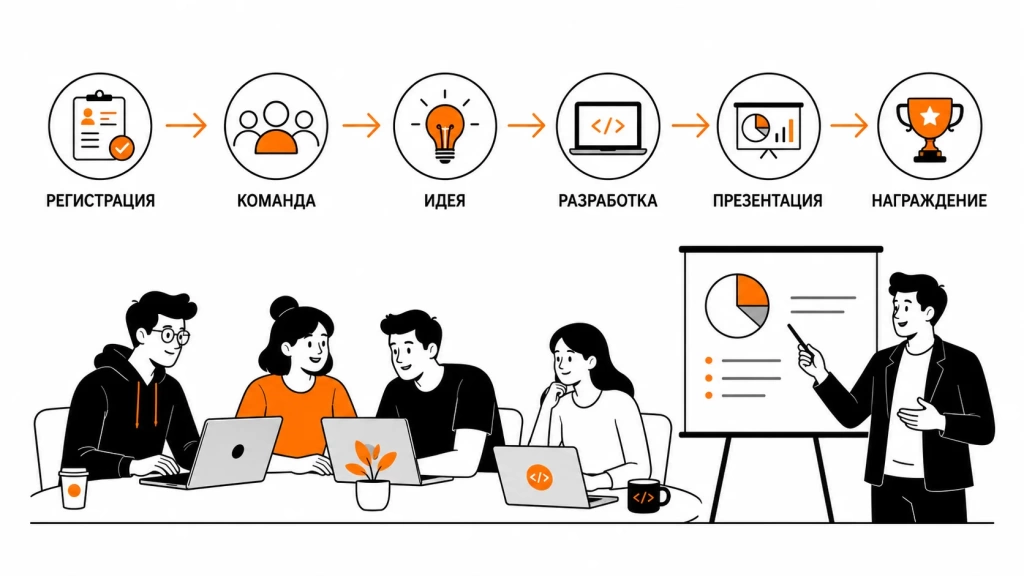 hakaton-etapy-registraciya-razrabotka-prezentaciya.webp Этапы хакатона: регистрация, команда, разработка и презентация проекта.