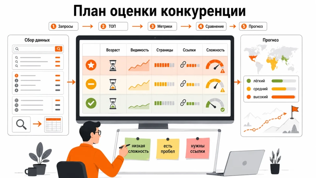 Инфографика с пошаговым планом оценки SEO-конкуренции: сбор запросов, анализ ТОПа, сравнение метрик, видимость конкурентов и прогноз сложности продвижения.