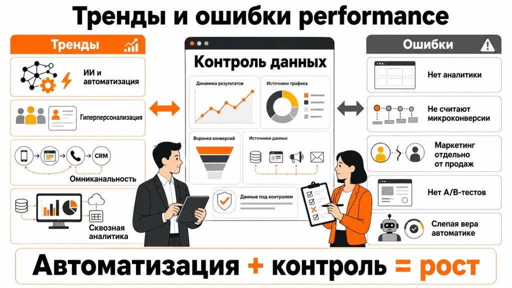 trendy-i-oshibki-vnedreniya-perfomans-marketinga.webp Инфографика о трендах и ошибках performance-маркетинга: искусственный интеллект, омниканальность, сквозная аналитика, отсутствие аналитики, разрыв с продажами и отсутствие тестов.