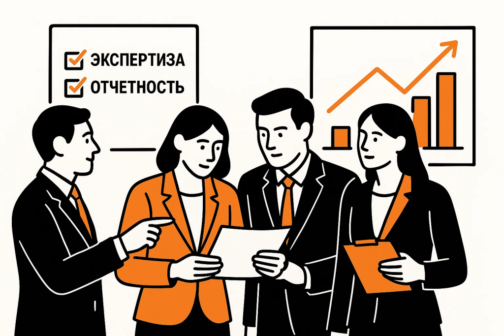 Иллюстрация: люди выбирают digital агентство, обсуждают документы, чек-лист с критериями выбора.