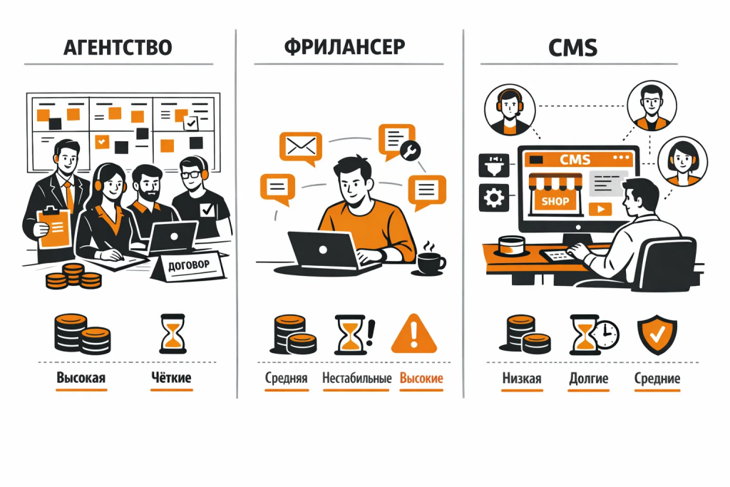 Иллюстрация сравнения способов разработки интернет-магазина: агентство, фрилансер и самостоятельная сборка на CMS.