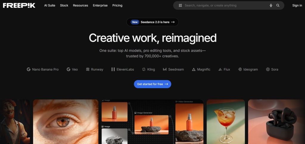 freepik-glavnaya-stranica-ai-instrumenty.jpg Интерфейс главной страницы Freepik с перечнем нейросетей и инструментов для дизайна.