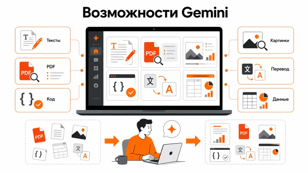 Инфографика о возможностях Gemini: создание текстов, анализ файлов, работа с кодом, перевод, изображения и бизнес-задачи.