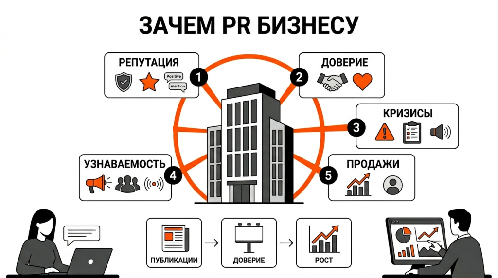 Инфографика о задачах PR для бизнеса: репутация, доверие, кризисная защита, узнаваемость и поддержка продаж. 