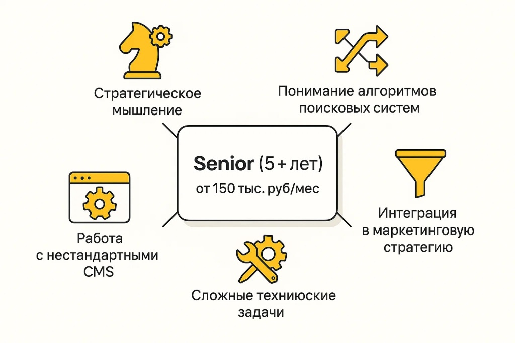 Навыки Senior SEO-специалиста с опытом от 5 лет и зарплатой от 150 тыс. рублей.
