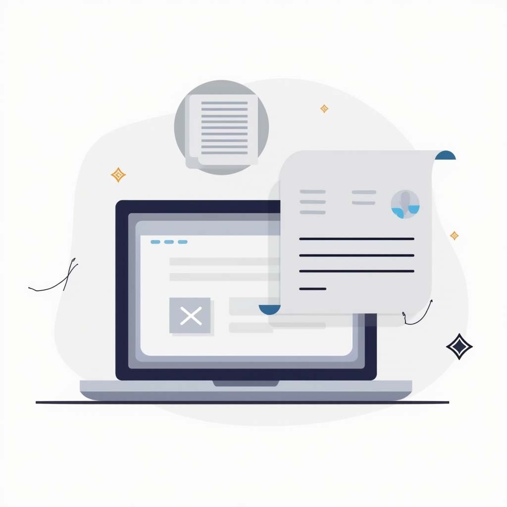 Процесс написания SEO текста. Иллюстрация ноутбука с текстовым документом и значками аналитики.