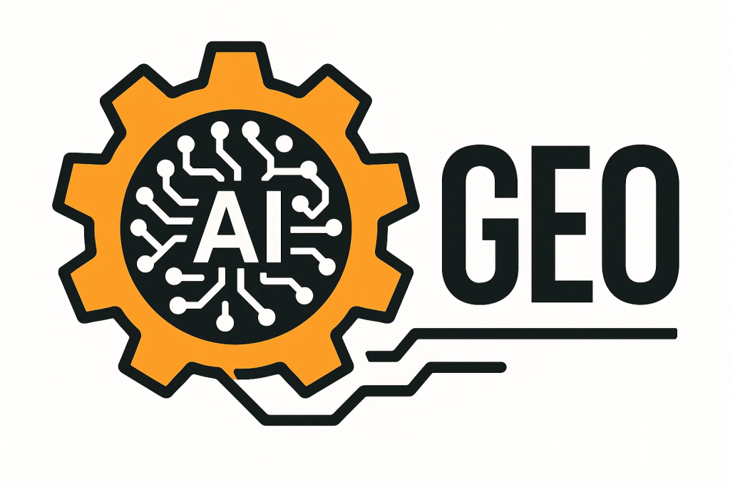 Стилизованные буквы GEO рядом с шестеренкой, обозначающей Generative Engine Optimization.