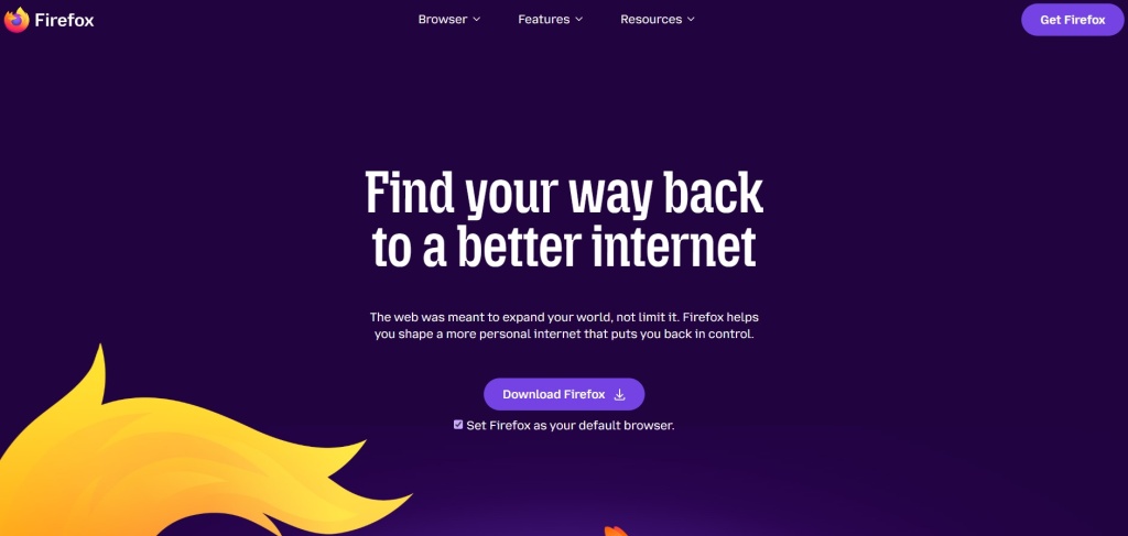 Логотип Firefox и кнопка загрузки браузера на темно-фиолетовом фоне главной страницы.