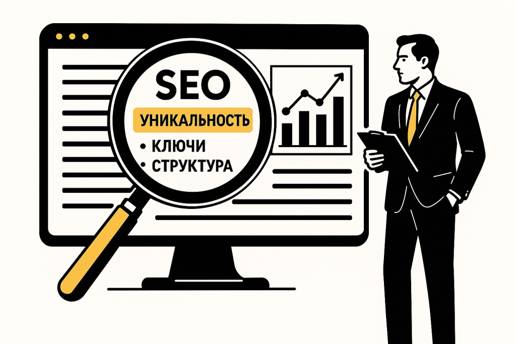 Процесс SEO-анализа текста с выделением ключевых параметров.