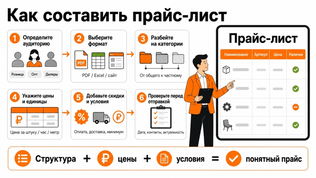  Инфографика о том, как составить прайс-лист: определить аудиторию, выбрать формат, собрать категории, указать цены, скидки и условия.