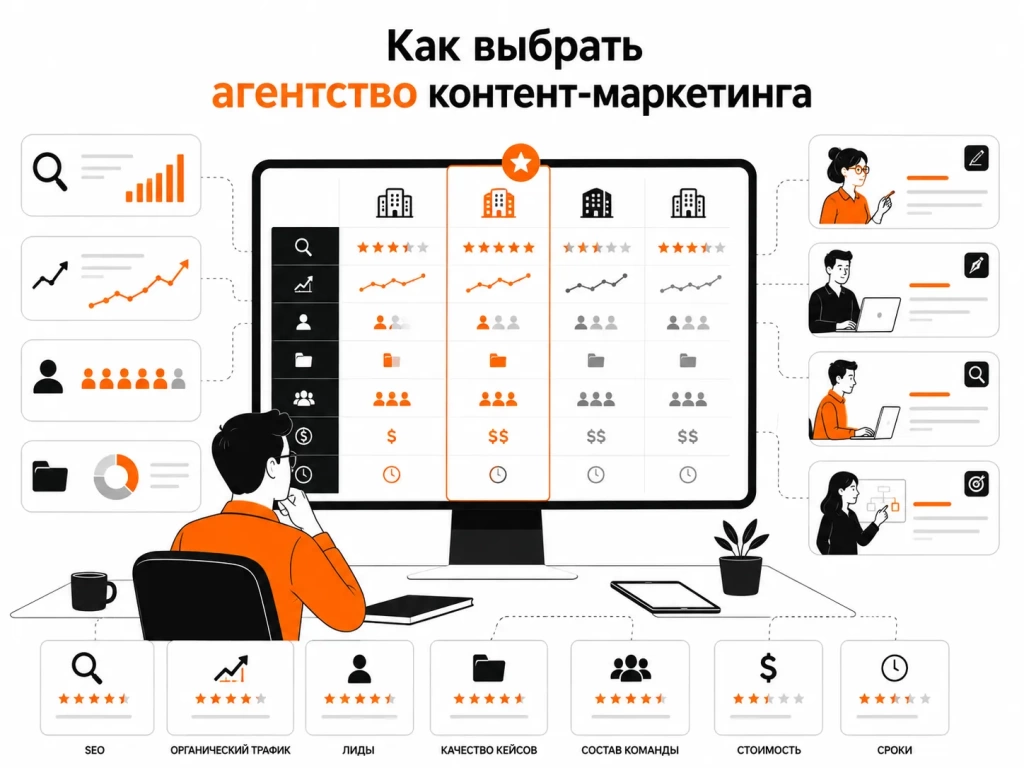 Выбор агентства контент-маркетинга по SEO, кейсам, команде, стоимости и результатам.
