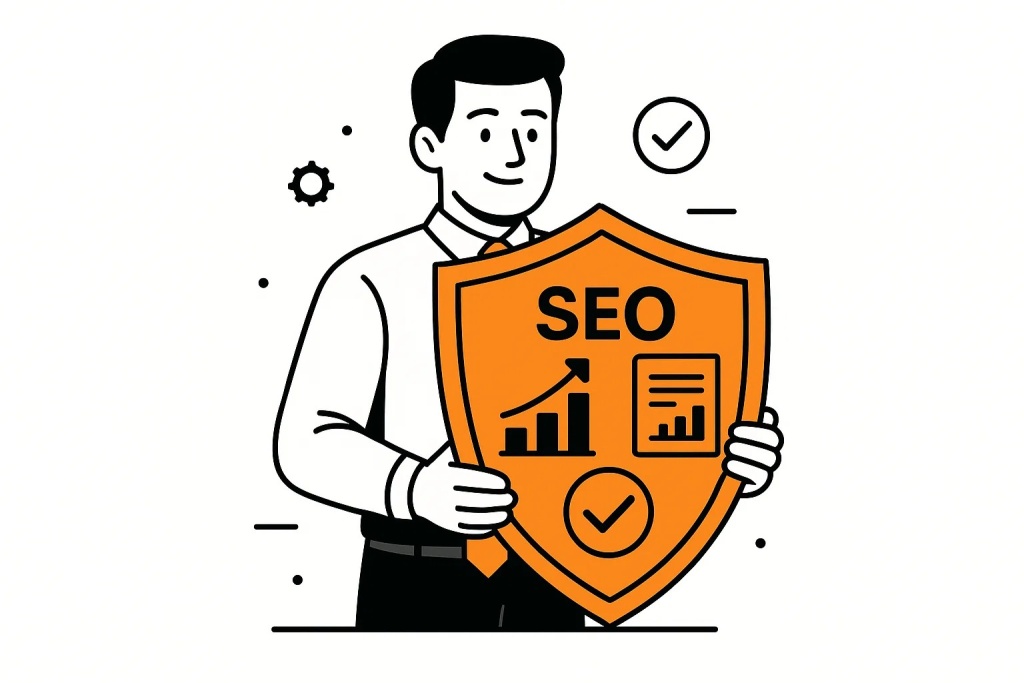 Эксперт по SEO оптимизации держит щит символизирующий рост и защиту сайта