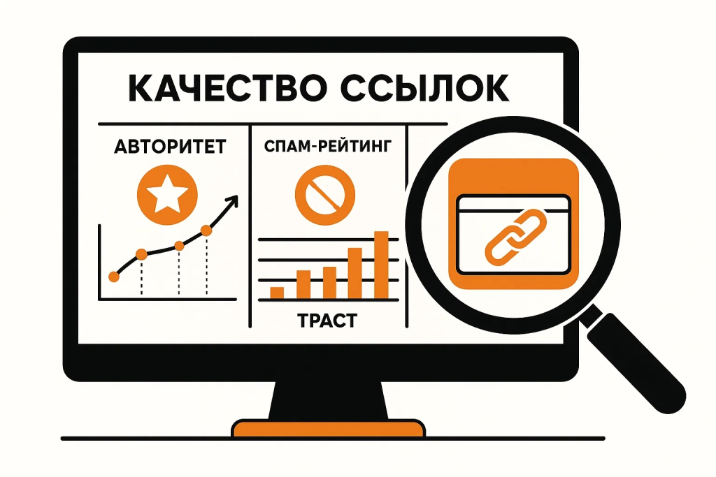 SsylProfil-Metriki-Kachestva.jpg Схематичное отображение метрик ссылочного профиля на дашборде и лупа, проверяющая качество сайта-донора.