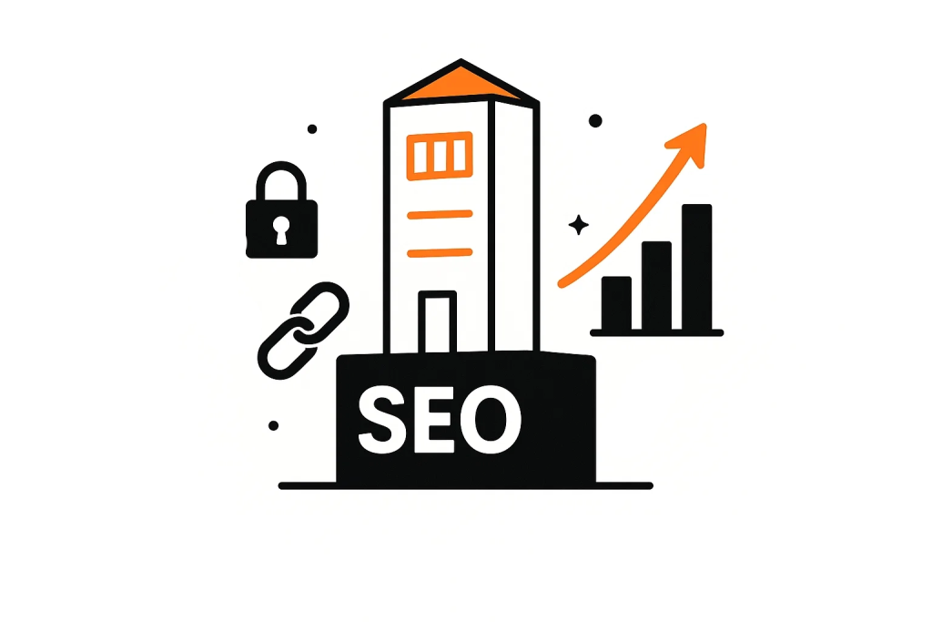 Иллюстрация SEO-продвижения: здание интернет-магазина на прочном фундаменте SEO, символизирующем долгосрочный поисковый трафик.