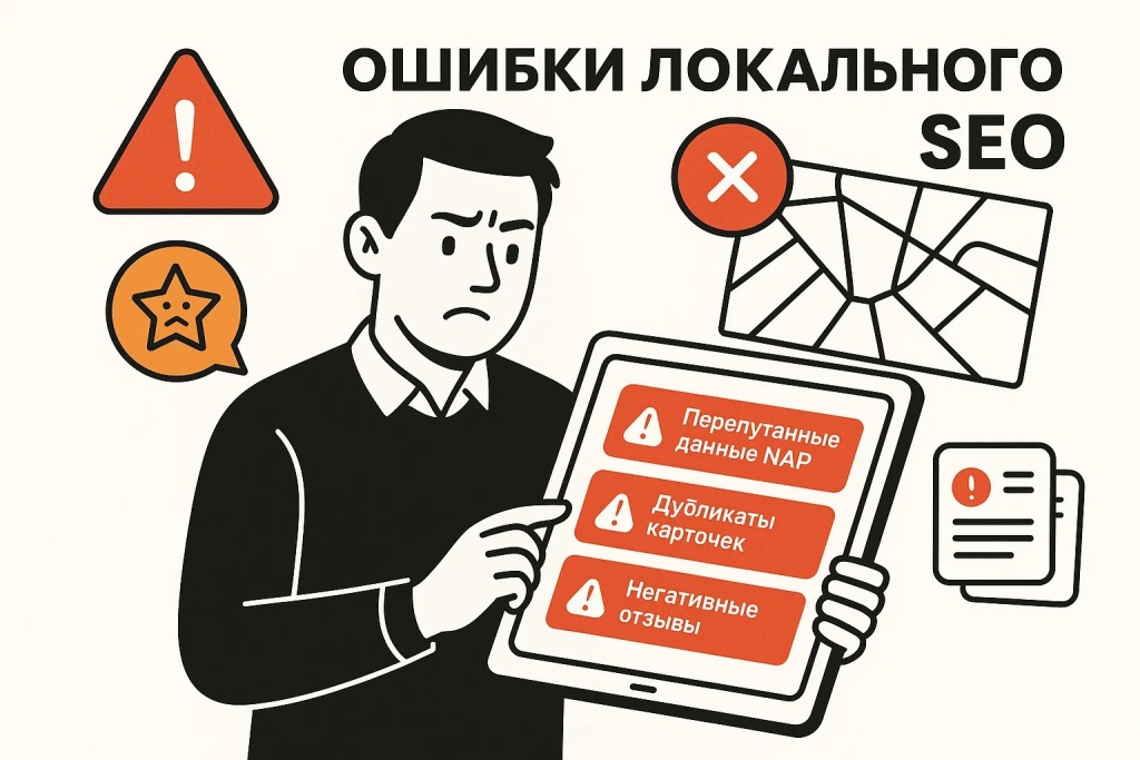 tipichnye-oshibki-v-lokalnom-seo.jpg Распространенные ошибки в локальном SEO продвижении включая неконсистентные данные и дубликаты.