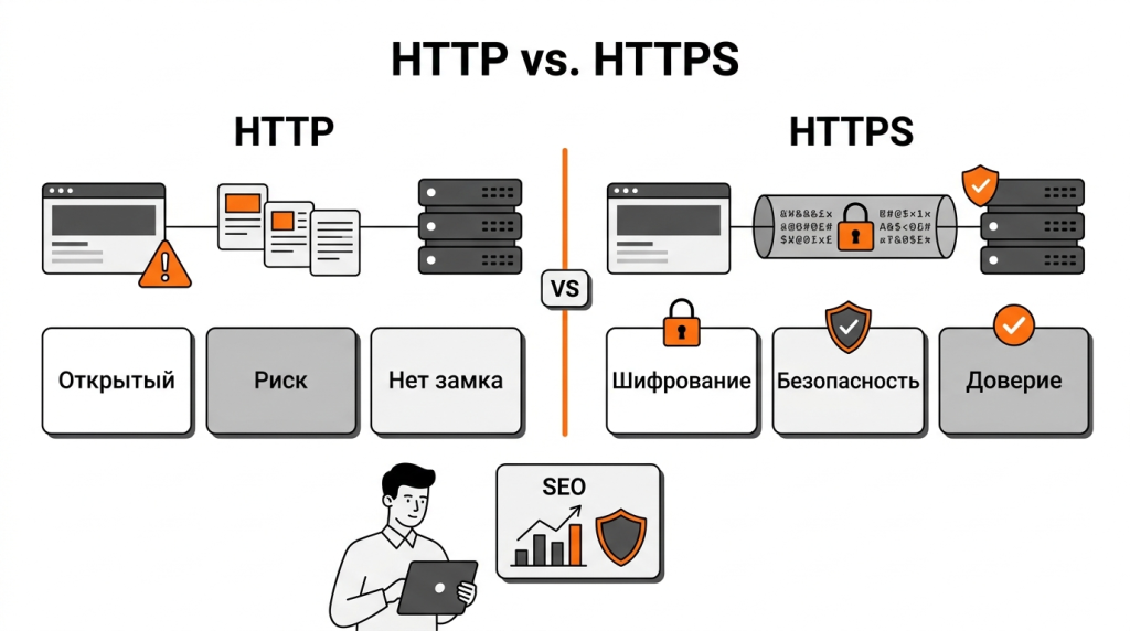 Инфографика о ключевой разнице между HTTP и HTTPS: открытый трафик против зашифрованного соединения, безопасность, доверие и SEO. 