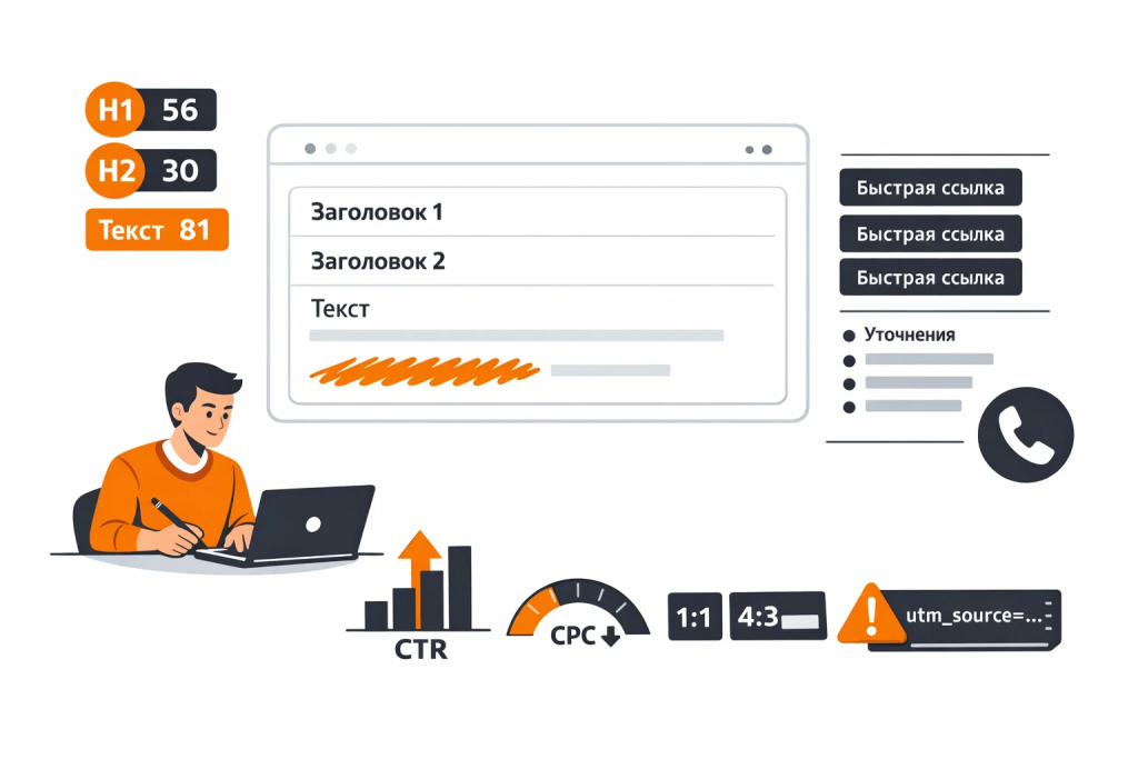Иллюстрация: маркетолог формирует поисковое объявление – макет заголовков, бейджи лимитов символов, блок расширений, мини-график CTR и иконки форматов.