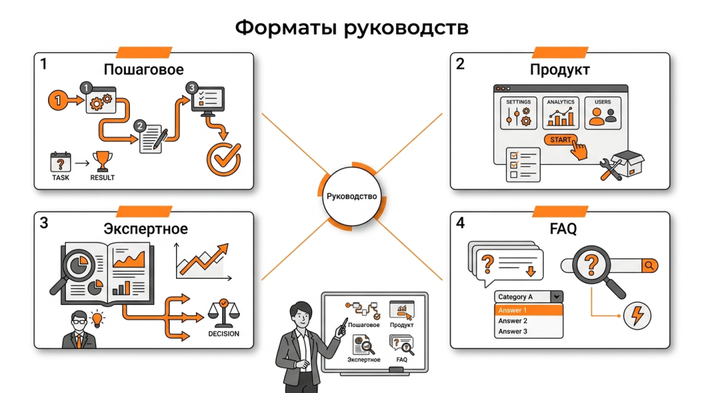  Инфографика о форматах гайдов для бизнеса: пошаговое руководство, продуктовая инструкция, экспертный обзор и формат вопрос-ответ. 