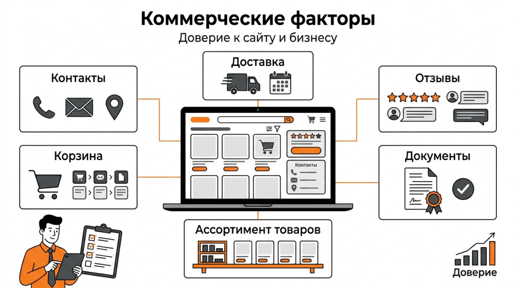 Инфографика о коммерческих факторах ранжирования: контакты, доставка, отзывы, корзина, ассортимент и доверие к бизнесу. 