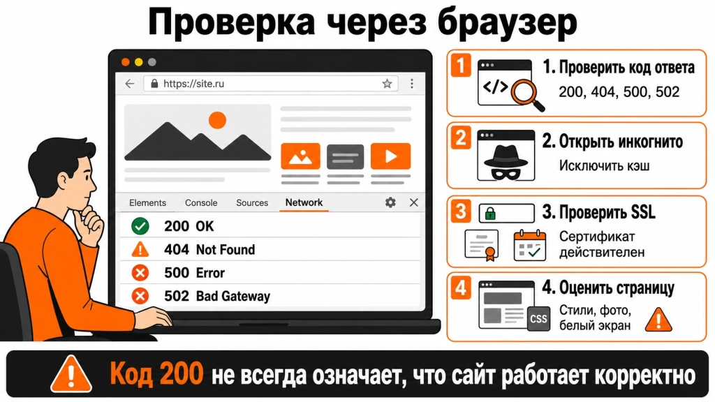diagnostika-sajta-cherez-brauzer.webp Инфографика о базовой проверке сайта через браузер: HTTP-коды, режим инкогнито, кэш, SSL и загрузка элементов страницы.