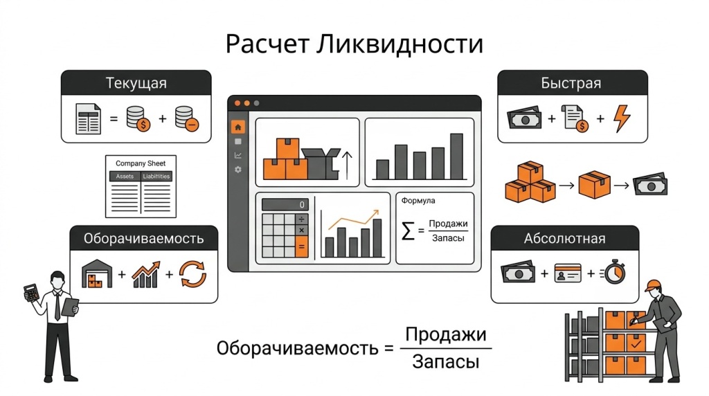 Инфографика о расчёте ликвидности товара: коэффициенты ликвидности, оборачиваемость запасов, средний остаток и срок реализации. 