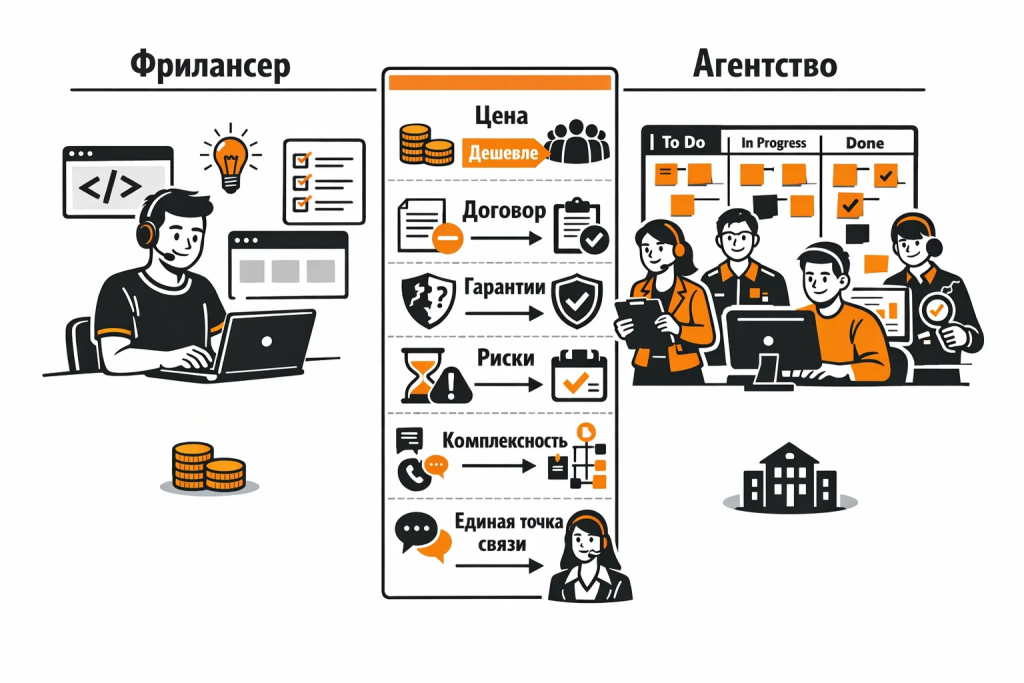 Иллюстрация сравнения фрилансера и digital-агентства при разработке сайта.