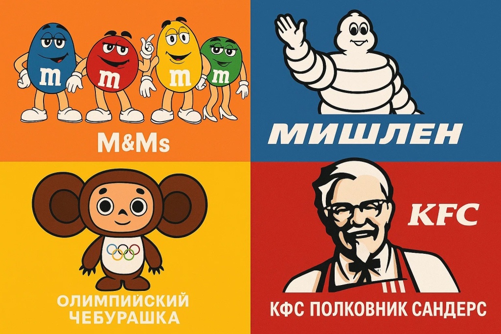 Персонажи брендов M&Ms, Мишлен, Олимпийский Чебурашка и KFC в коллаже