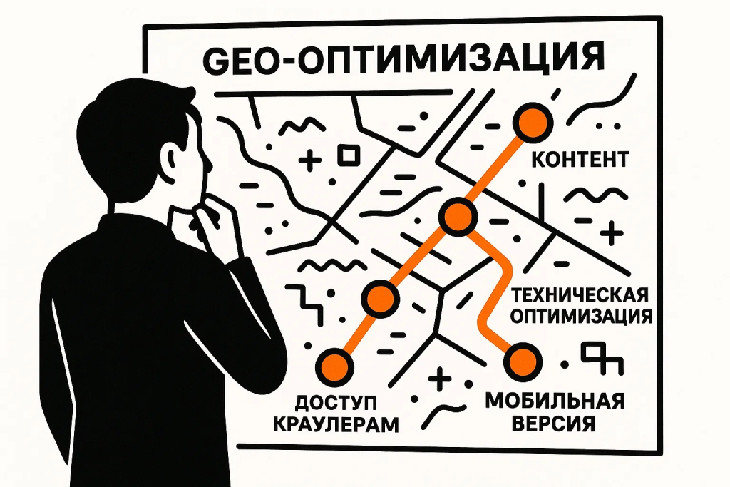 Схематичное руководство по GEO-оптимизации в виде карты с ключевыми этапами и маршрутом.