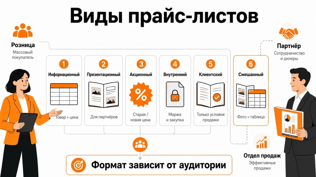 Инфографика о видах прайс-листов: информационный, презентационный, акционный, внутренний, клиентский и смешанный формат.