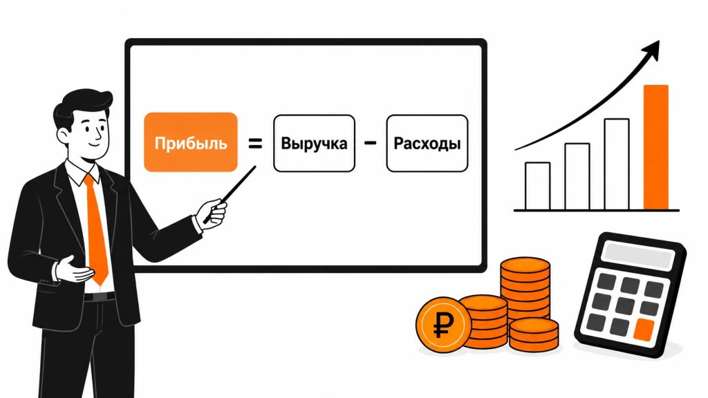 Формула прибыли выручка минус расходы на доске. 