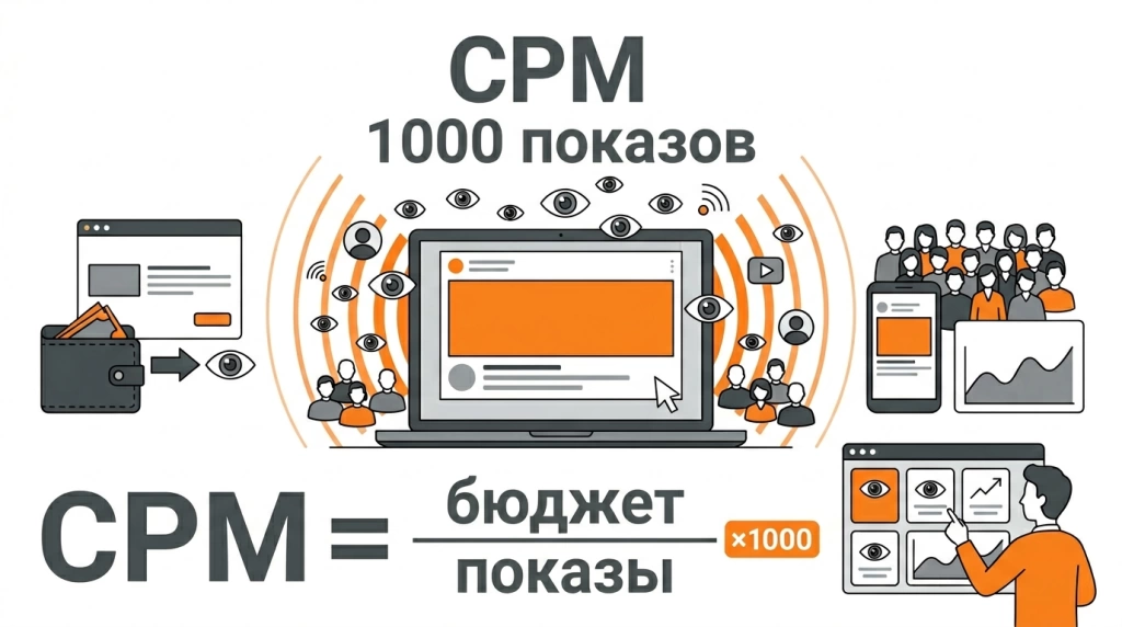 Инфографика о CPM: оплата за тысячу рекламных показов, охват аудитории, медийная реклама и планирование бюджета.