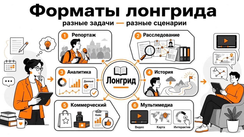 vidy-i-formaty-longridov (1).webp Инфографика о видах лонгридов: репортаже, расследовании, аналитике, сторителлинге и коммерческом формате.