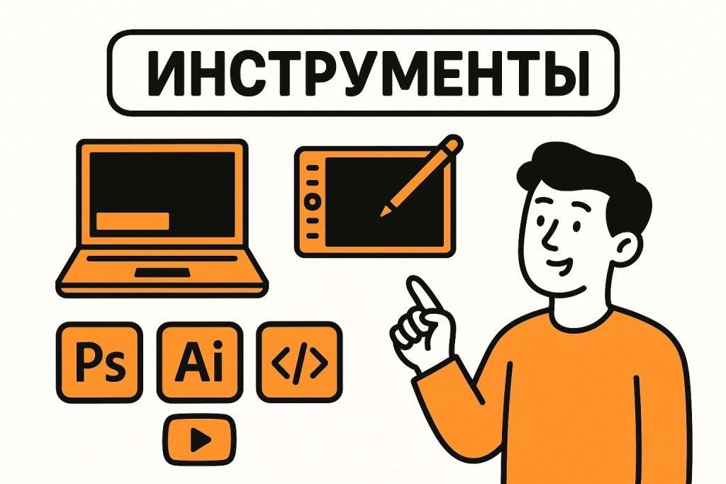 Инструменты цифровые дизайн: ноутбук, планшет и иконки Photoshop и Illustrator