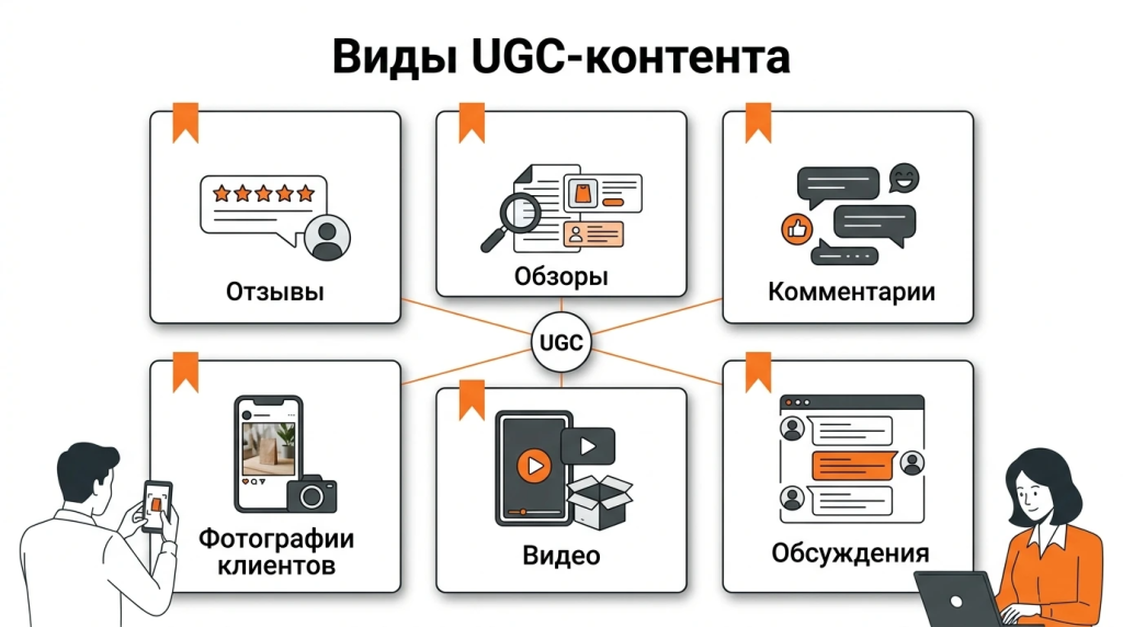 Инфографика о видах UGC-контента: отзывы, обзоры, комментарии, фото клиентов, видео, челленджи и обсуждения. 