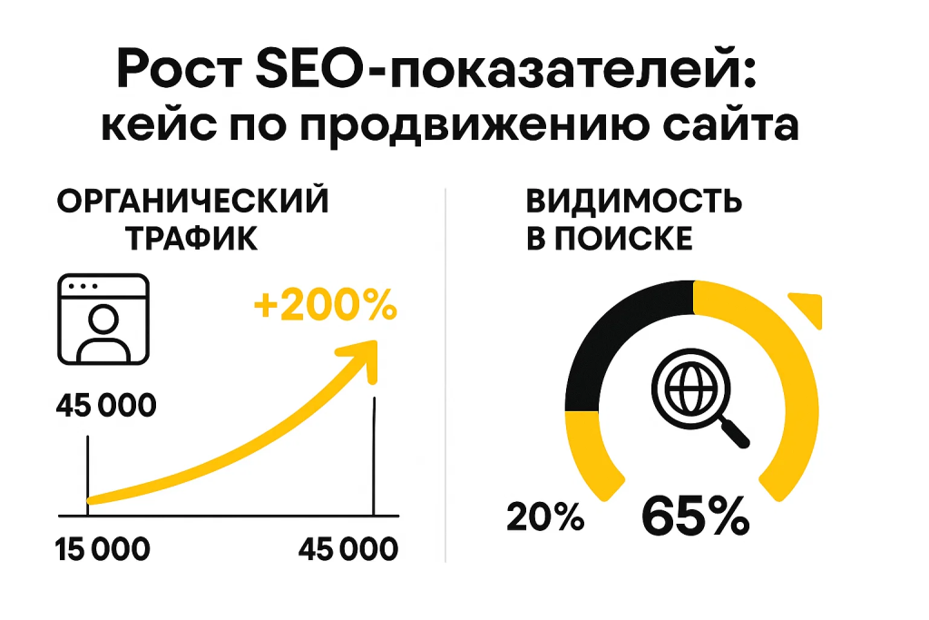 Рост SEO показателей и видимости сайта в поиске с увеличением трафика на 200 процентов. Рост SEO показателей и видимости сайта в поиске с увеличением трафика на 200 процентов.