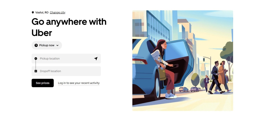  Интерфейс Uber с формой заказа поездки и иллюстрацией девушки, садящейся в синее такси.