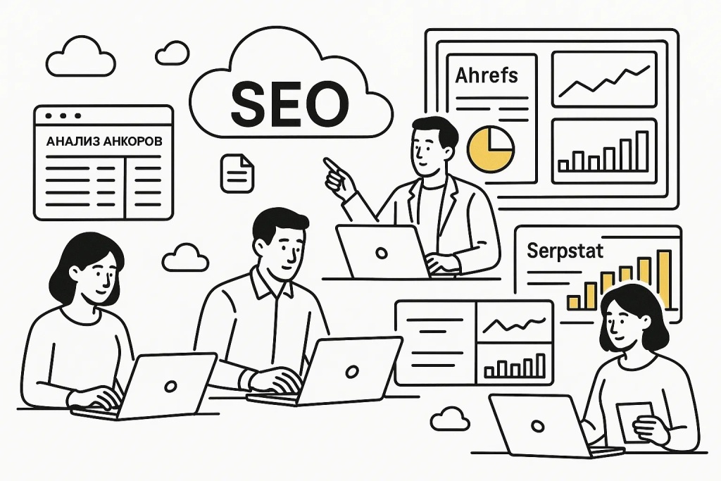 Анализ анкоров, инструменты SEO: Ahrefs, Serpstat. Команда работает с данными.