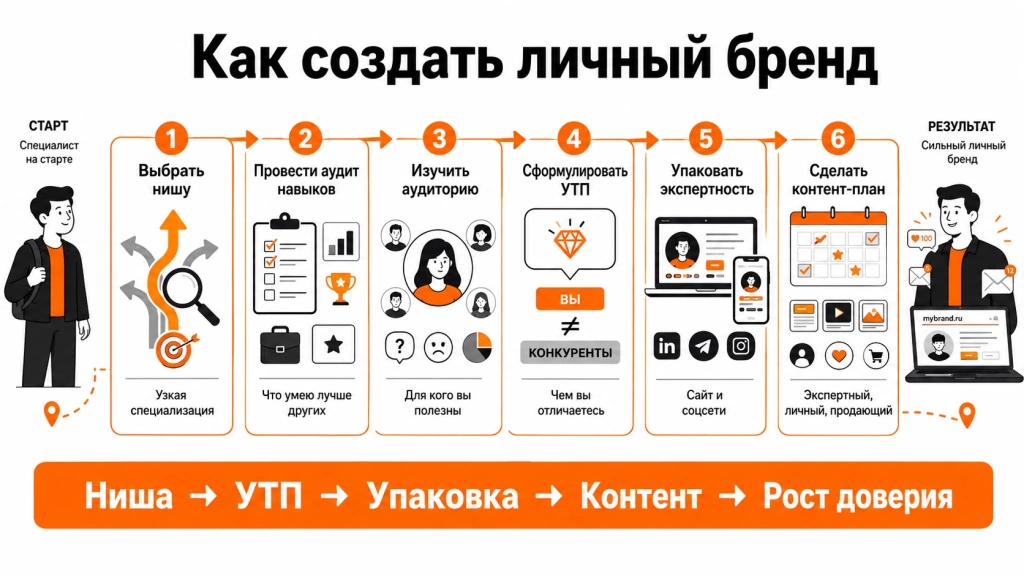 poshagovaya-instrukciya-po-sozdaniyu-lichnogo-brenda.webp Инфографика с пошаговой инструкцией по созданию личного бренда: ниша, аудит навыков, ЦА, УТП, упаковка и контент-план.