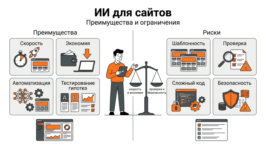  Инфографика о плюсах и рисках использования ИИ при создании сайта: скорость, экономия бюджета, автоматизация, шаблонность и ограничения. 