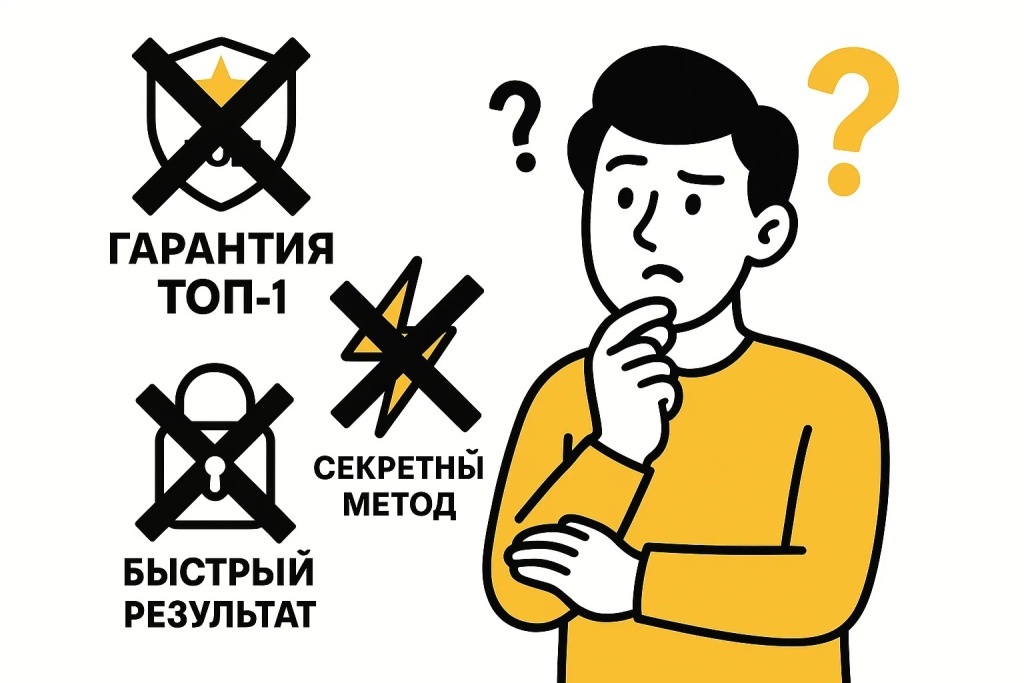Иллюстрация с мифами SEO: гарантия ТОП-1, быстрый результат, секретный метод.