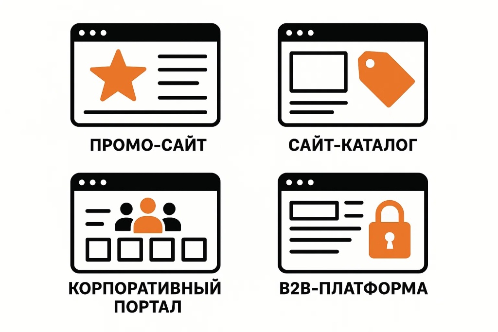 Основные типы корпоративных сайтов включая промо сайт, каталог, портал и B2B платформу
