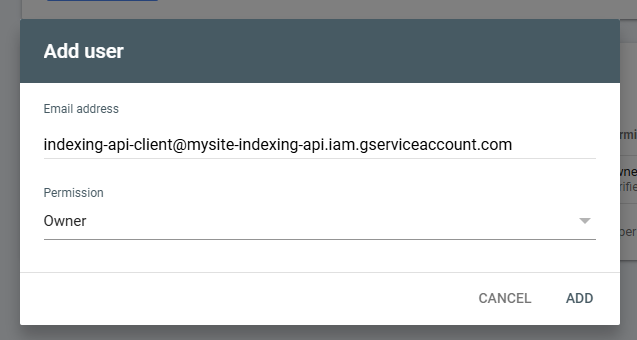 add-service-account-email-permission.png Назначение роли Owner сервисному аккаунту для доступа к Google Indexing API.