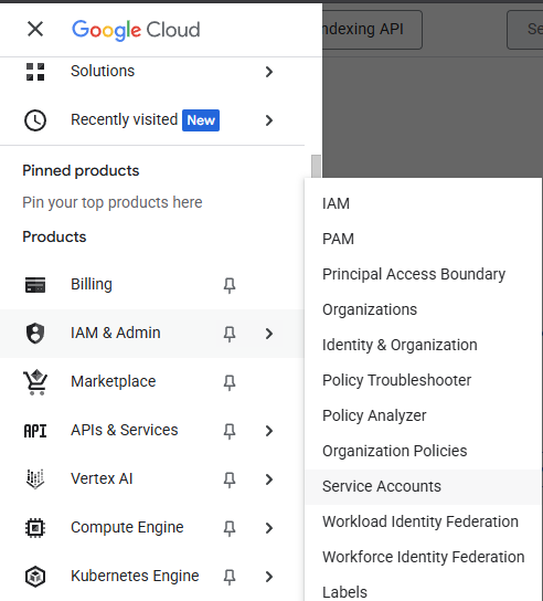 Навигация к разделу Service Accounts в Google Cloud Console для настройки API.