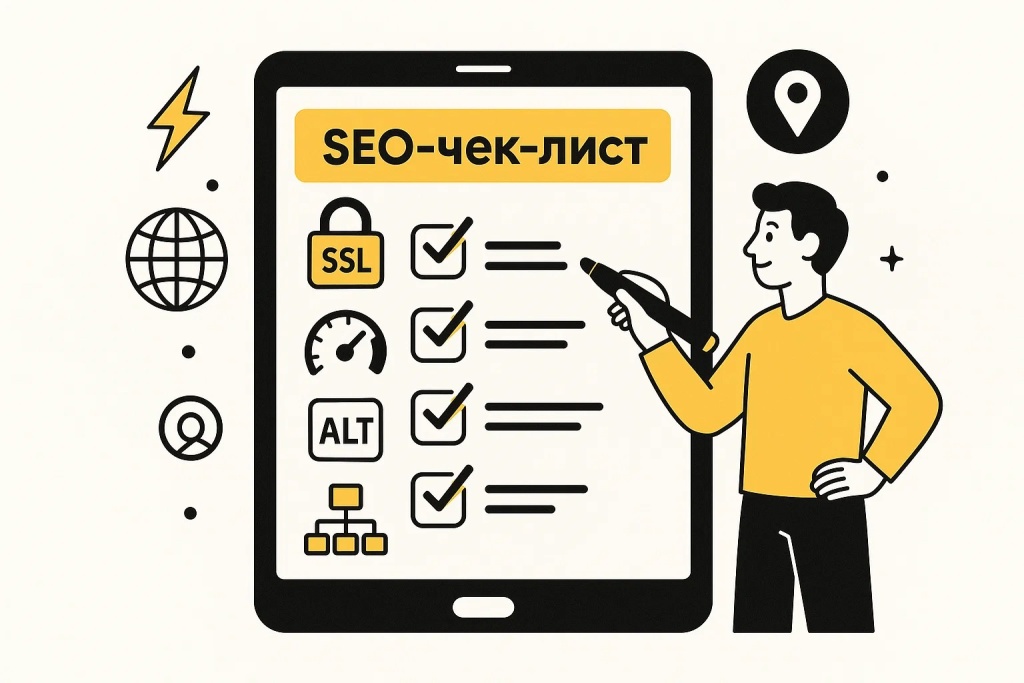 SEO-чек-лист с пунктами SSL, скорость сайта, ALT-теги и структура. SEO-чек-лист с пунктами SSL, скорость сайта, ALT-теги и структура.