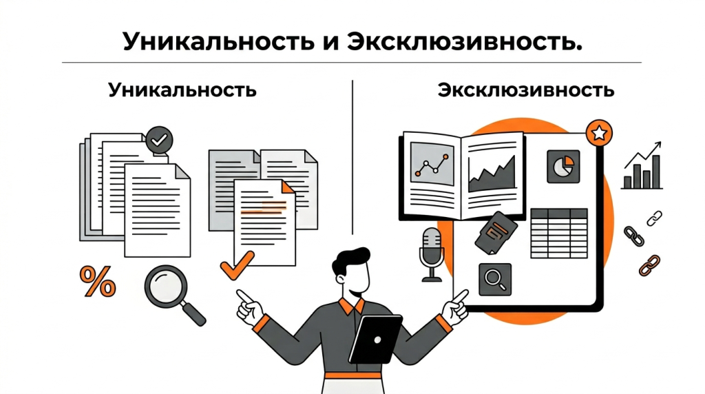Инфографика о различии между уникальностью и эксклюзивностью контента: документы, исследования, данные и экспертный опыт. 