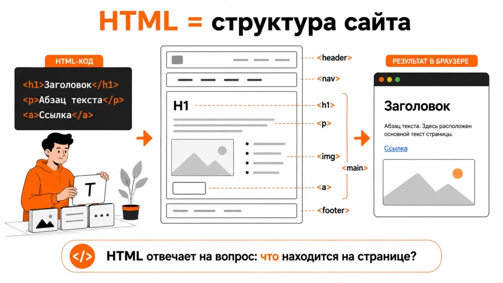 chto-takoe-html-struktura-sajta.webp Инфографика о HTML: структура страницы, теги, заголовки, абзацы, ссылки, изображения, body, head и семантическая разметка.