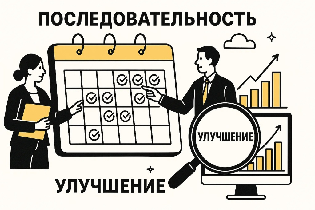 Последовательное улучшение SEO аудита сайта, показанное календарем и графиками роста. Последовательное улучшение SEO аудита сайта, показанное календарем и графиками роста.