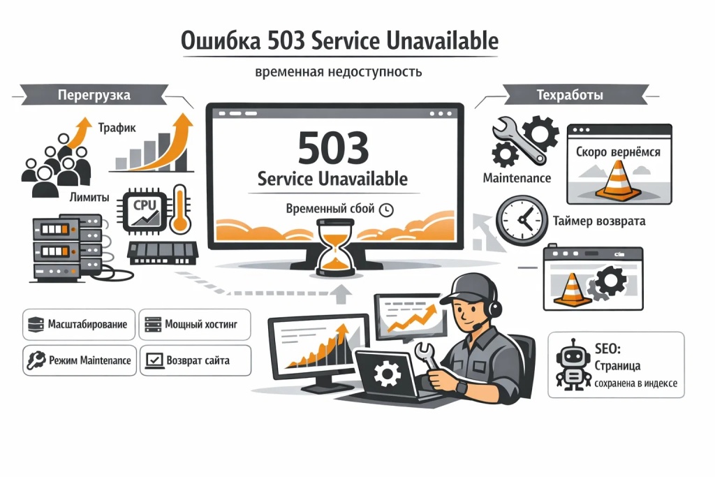 oshibka-503-service-unavailable-vremennaya-nedostupnost.jpg Инфографика об ошибке 503 Service Unavailable: временная недоступность сайта из-за перегрузки, техработ или нехватки ресурсов сервера.