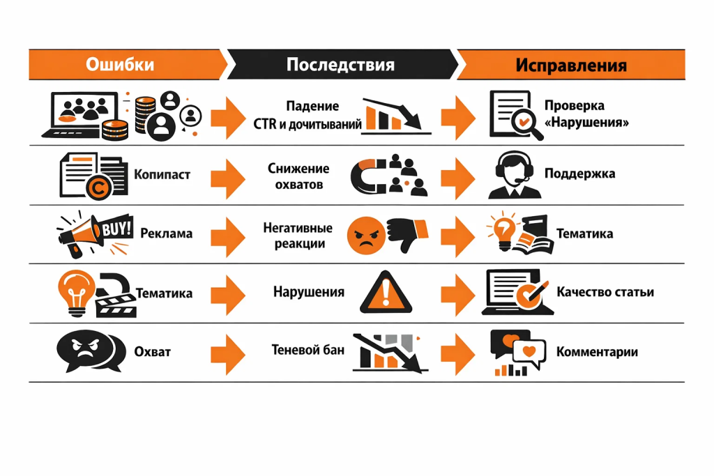Иллюстрация ошибок при продвижении канала в Дзене: накрутка, копипаст, резкая смена тематики и падение охватов.